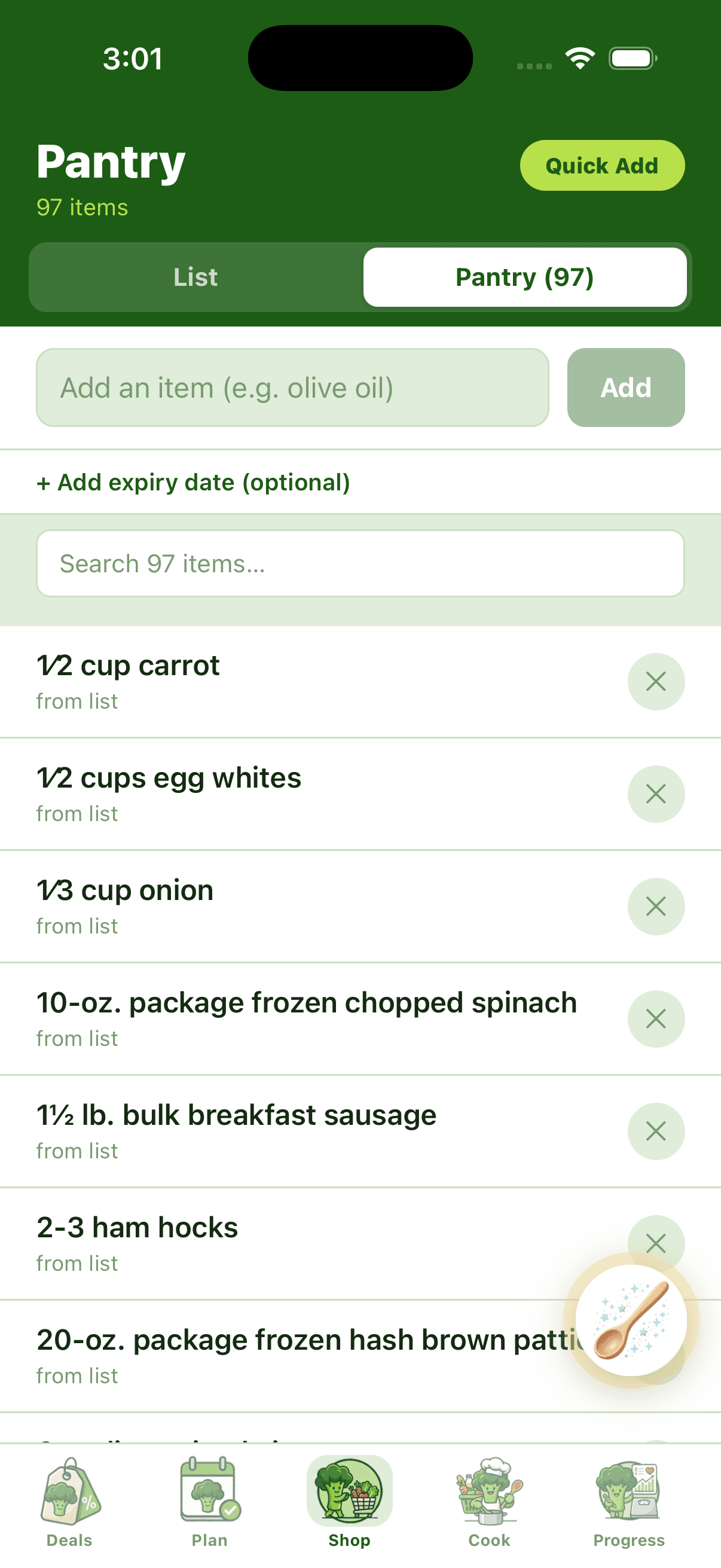 BiteCaddy Pantry sub-tab showing tracked items
