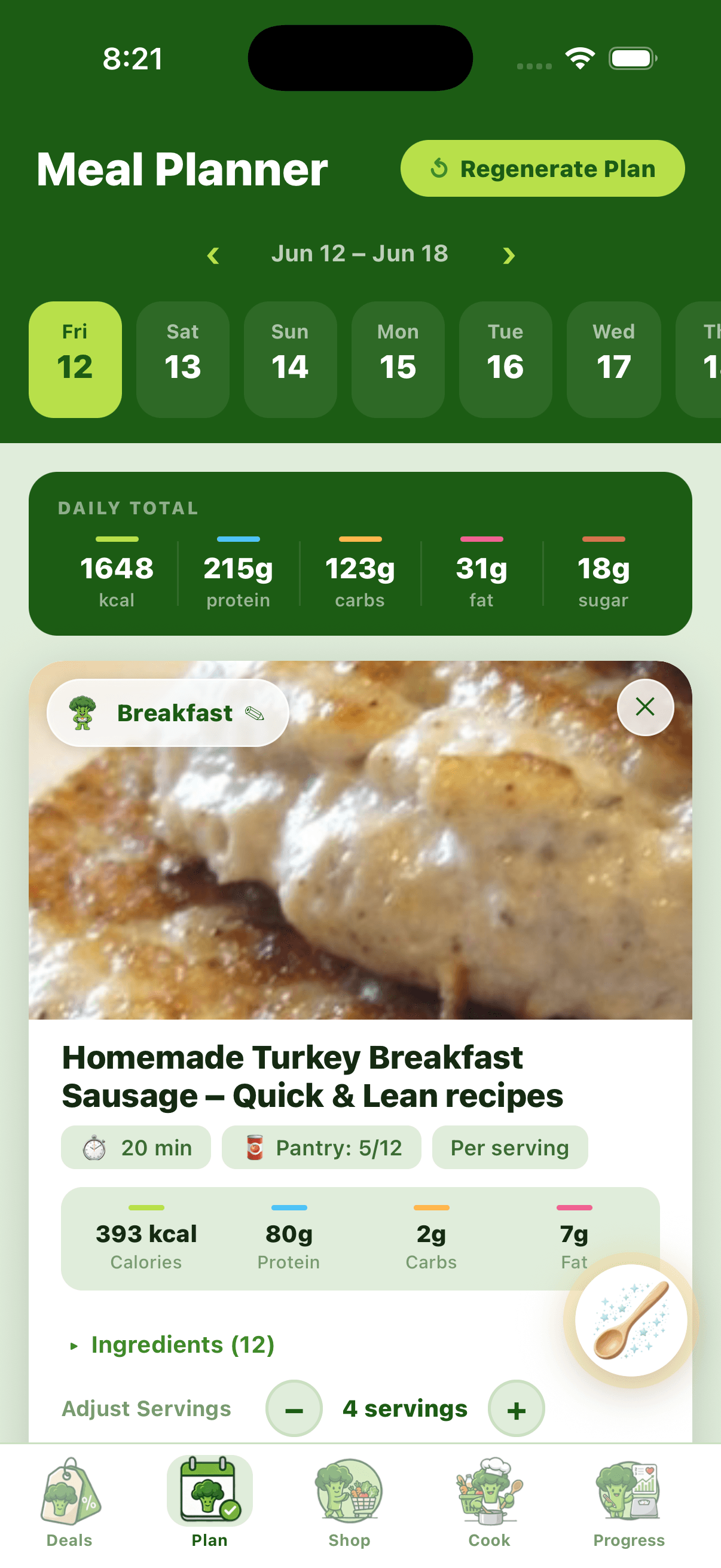 BiteCaddy Meal Planner showing a generated weekly plan with daily totals and pantry coverage chips