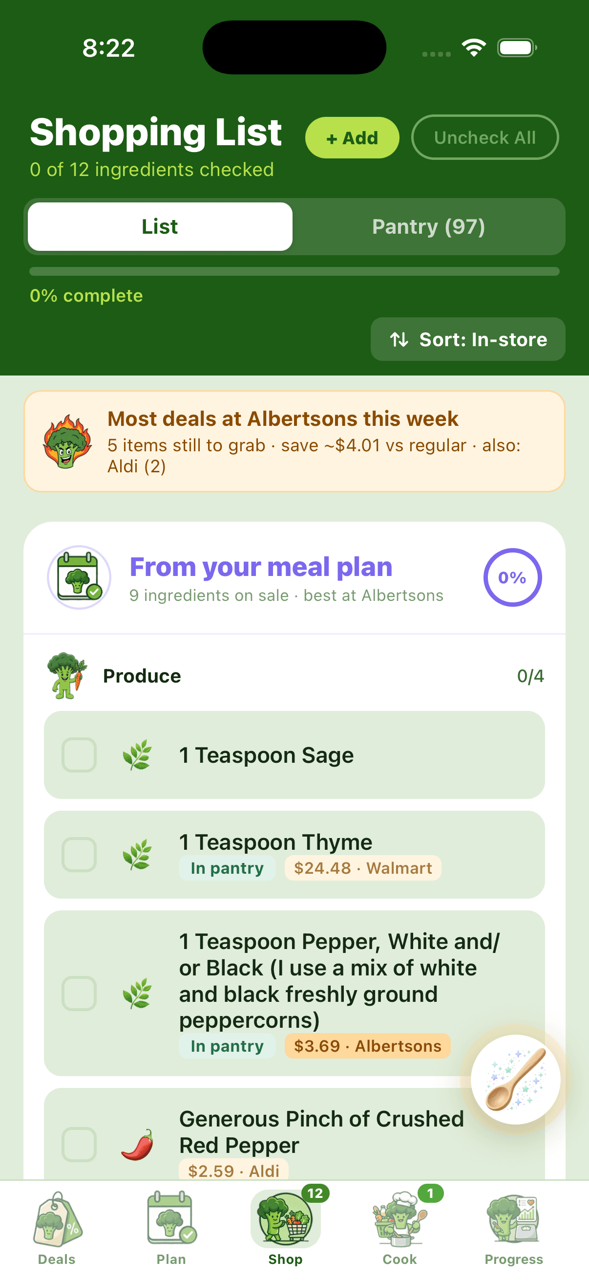 BiteCaddy Shopping List showing Most deals at Albertsons banner and per-row deal badges