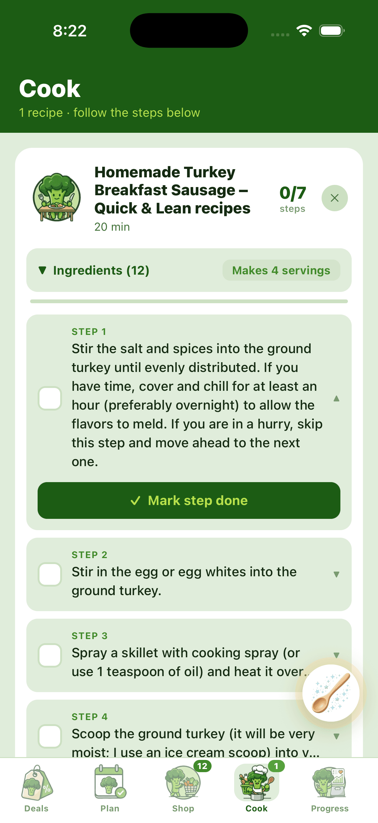 BiteCaddy Cook Mode showing a recipe with Step 1 expanded and a Mark step done button